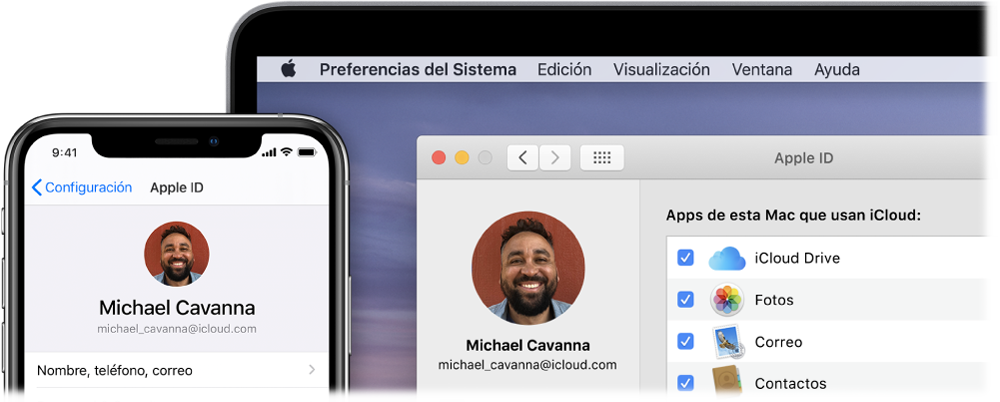 Un iPhone mostrando la configuración de iCloud y una Mac mostrando la ventana de iCloud.