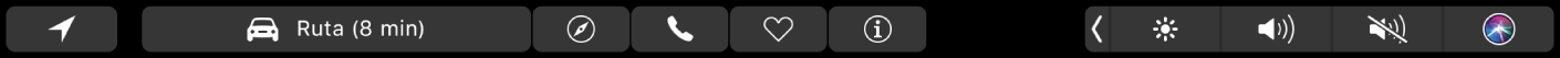 Touch Bar de Mapas mostrando que puede tocar "Cómo llegar" para obtener indicaciones, o tocar los botones Safari, llamada, favorito e información.