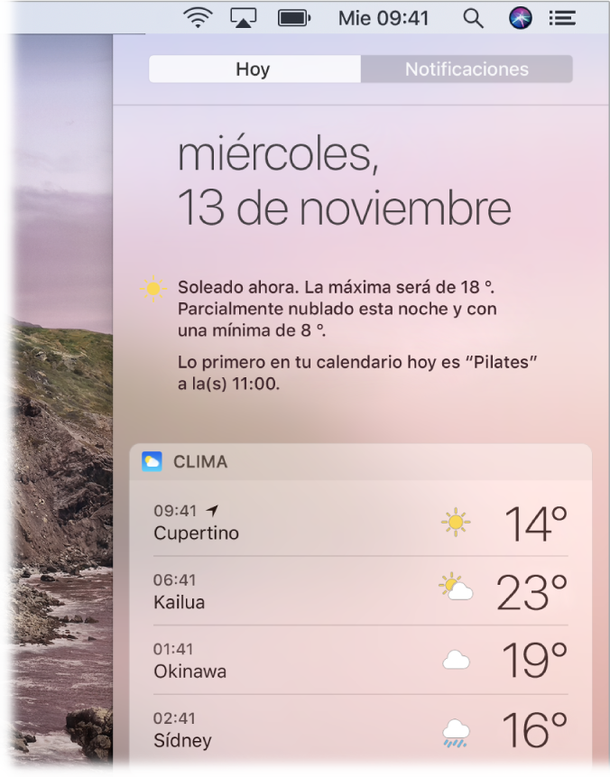 Una pantalla mostrando una parte del escritorio con el centro de notificaciones abierto y la pestaña Hoy seleccionada.