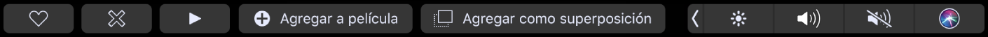 Touch Bar de iMovie con los botones para marcar elementos como favoritos, eliminar, reproducir, agregar a película, y agregar como superposición.