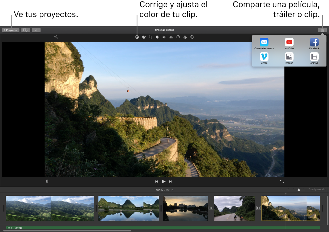 Ventana de iMovie mostrando los botones para ver proyectos, corregir y ajustar el color, y compartir una película, tráiler o clip de video.