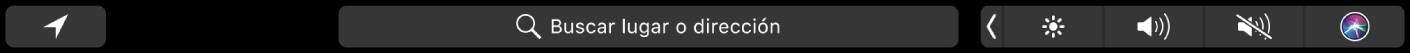 Touch Bar de Mapas con botones para obtener la ubicación actual e indicaciones. También se ve la barra de búsqueda.
