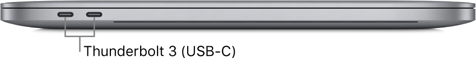 La vista del lado izquierdo de un MacBook Pro con indicaciones sobre los puertos Thunderbolt 3 (USB-C).