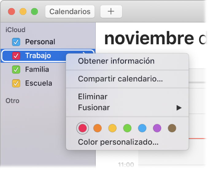 Menú de función rápida de Calendario con opciones para personalizar el color de un calendario.