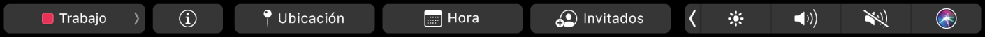 La Touch Bar de Calendario con botones para seleccionar calendarios, ver los detalles del evento, editar la hora o la ubicación y añadir invitados.