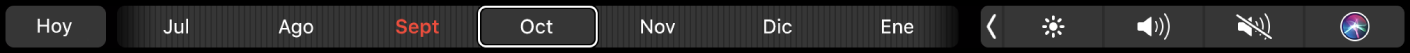 La Touch Bar de Calendario con el botón Hoy y un regulador para seleccionar un mes.