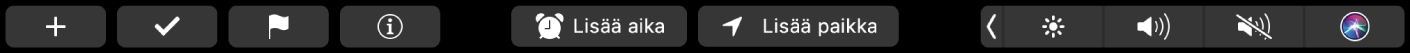 Muistutukset-apin Touch Bar, jossa on painikkeet uudelle muistutukselle, merkitsemiselle, lipulle, ajan lisäämiselle ja sijainnin lisäämiselle.