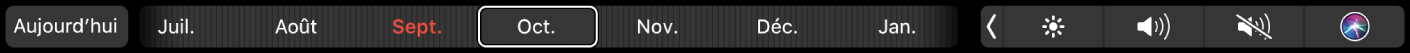 Touch Bar de Calendrier avec le bouton Aujourd’hui et un curseur pour sélectionner un mois.