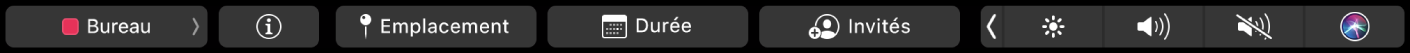 Touch Bar de Calendrier avec des boutons pour choisir des calendriers, voir les détails de l’événement, modifier l’heure ou le lieu et ajouter des invités.