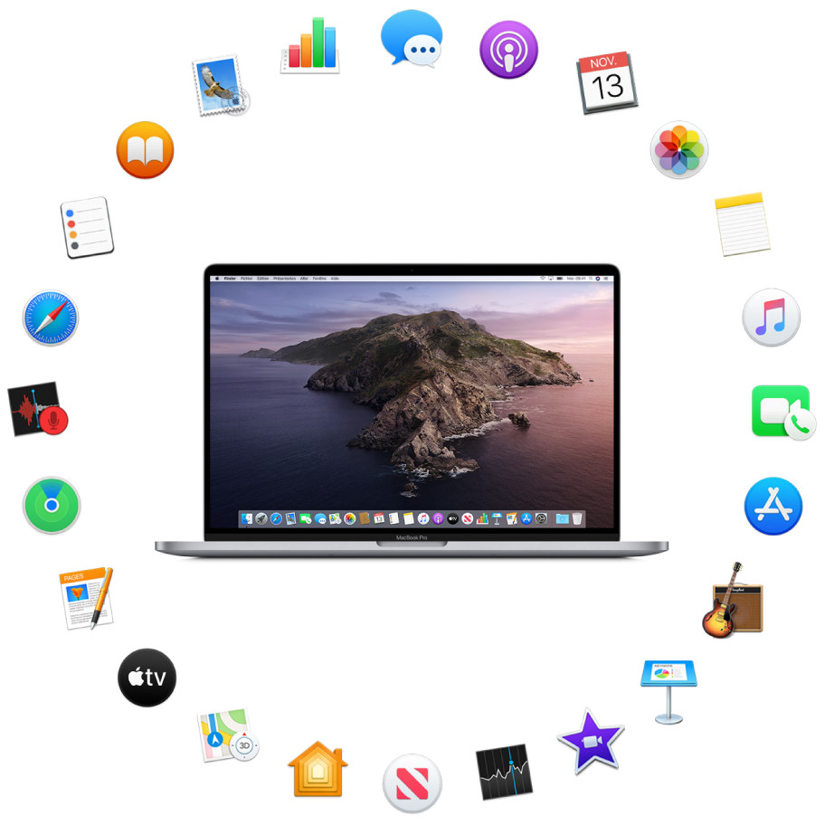 Un <NoBreak change_bar="mark">MacBook Pro</NoBreak> autour duquel sont représentées les icônes des apps intégrées décrites dans les sections suivantes.