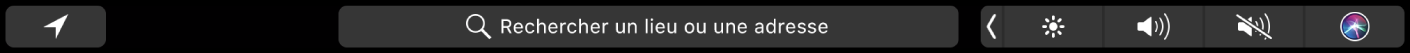 Touch Bar de Plans avec des boutons pour le lieu actuel et les itinéraires. La barre de recherche est également affichée.