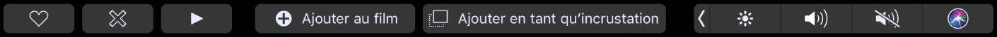 Touch Bar d’iMovie affichant des boutons pour marquer comme favori, supprimer, lire, ajouter à un film, et ajouter en tant qu’incrustation vidéo.
