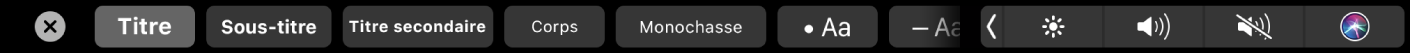 Touch Bar de Notes avec des boutons correspondant aux styles de paragraphe, notamment Titre, Sous-section et Corps, ainsi que des boutons correspondant aux options de liste, comme une puce, un tiret et un numéro.