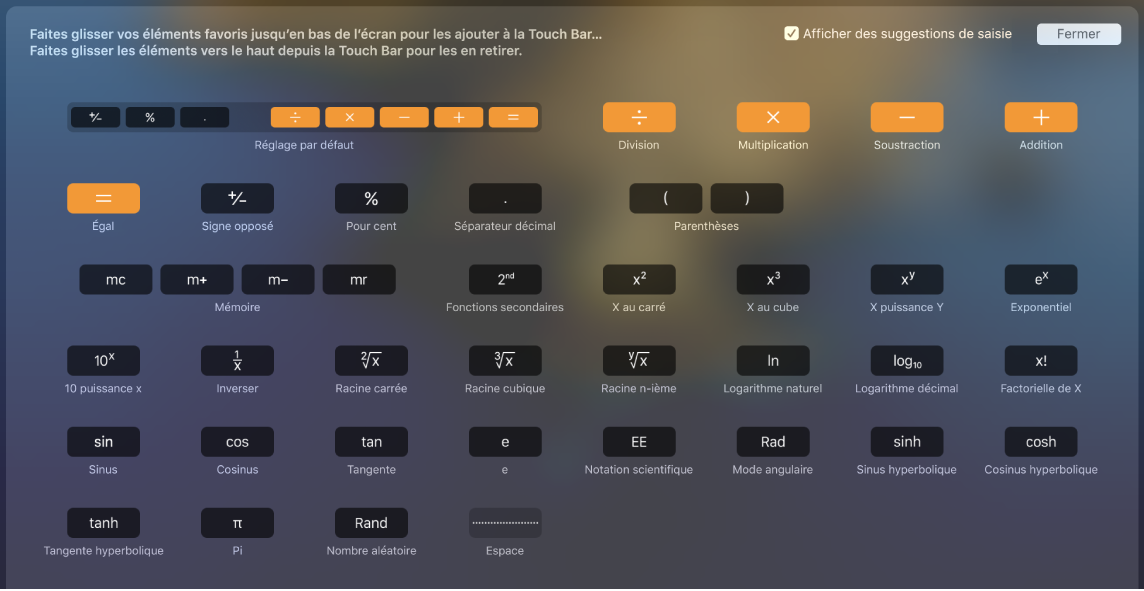 Éléments que vous pouvez personnaliser dans la Touch Bar Calculette en les faisant glisser dans la Touch Bar.