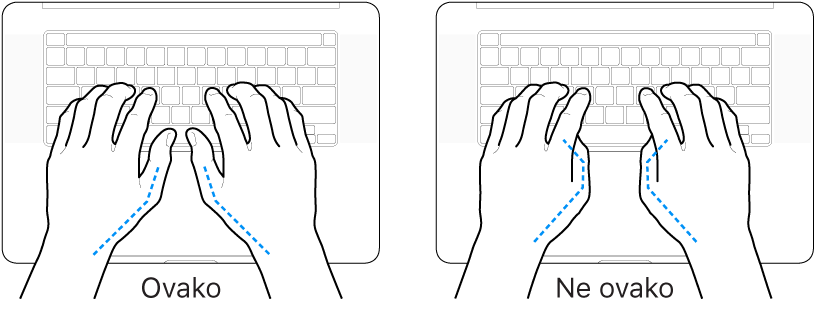 Ruke položene na tipkovnicu s prikazom pravilnog i nepravilnog položaja palaca.