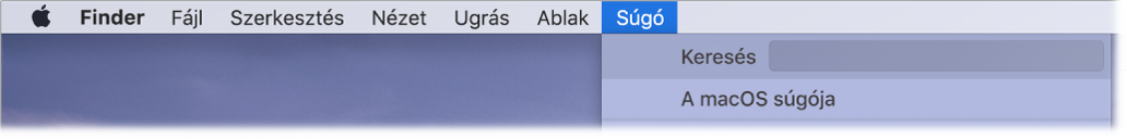 Részleges íróasztal megnyitott Súgó menüvel, amelyben a Keresés és A macOS súgója elem látszik.