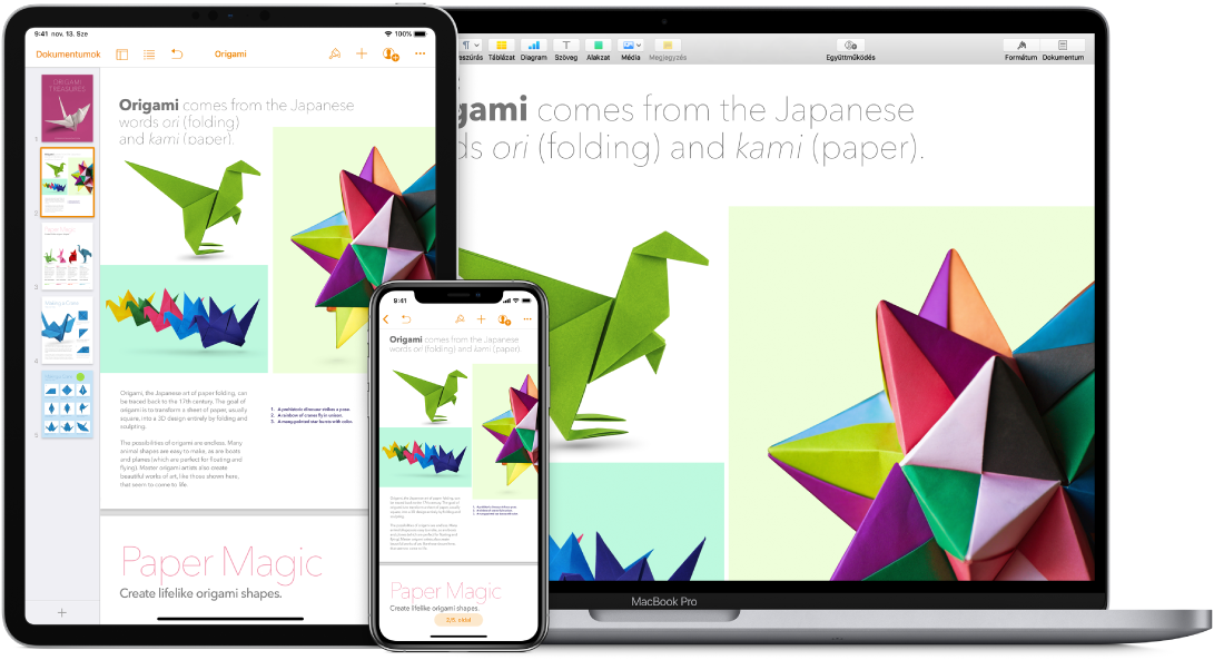 Ugyanaz a tartalom látható egy MacBook Pro gépen, egy iPaden és egy iPhone-on.