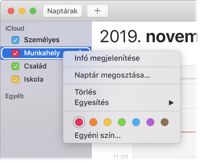 Naptár helyi menü a naptár színének testreszabásához választható beállításokkal.