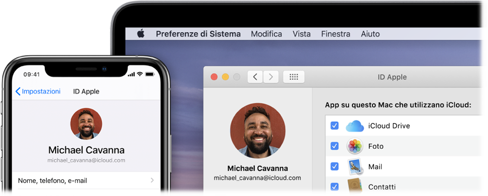 iPhone che mostra le impostazioni iCloud e uno schermata del Mac che mostra la finestra di iCloud.