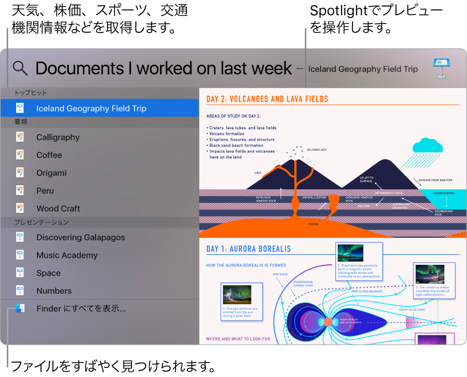 Spotlightウインドウ。左側に検索結果、右側にプレビューが表示されています。