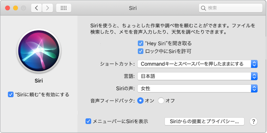 Siri環境設定ウインドウ。左側で「“Siriに頼む”を有効にする」が選択されていて、右側に「“Hey Siri”を聞き取る」など、Siriをカスタマイズするためのいくつかのオプションが表示されています。