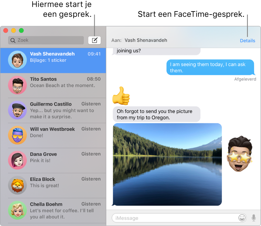 Een Berichten-venster waarin wordt aangegeven hoe je een gesprek en een FaceTime-gesprek start.