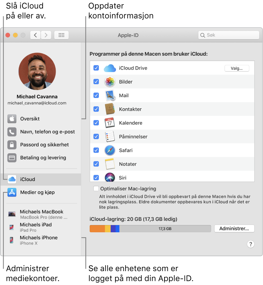 Apple-ID-panelet i Systemvalg. Klikk på et objekt i sidepanelet for å oppdatere kontoinformasjonen din, slå iCloud på eller av, administrere mediekontoer eller vise alle enheter som er logget på med din Apple-ID.