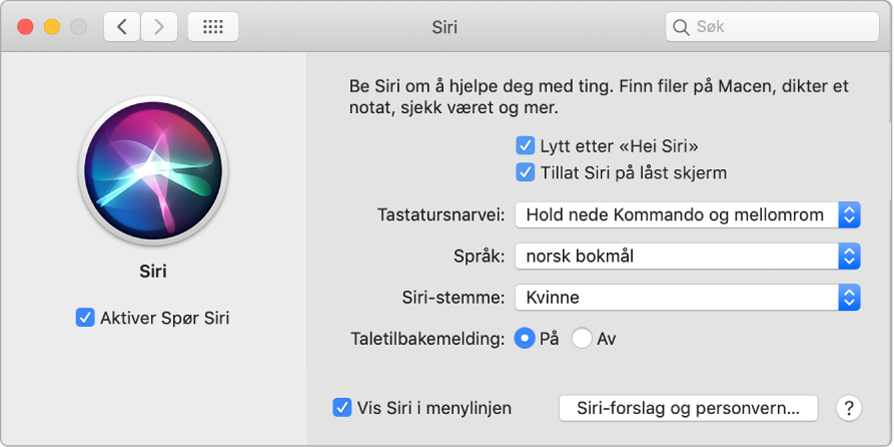 Siri-valg-vinduet med Aktiver Spør Siri markert til venstre og flere valg for tilpassing av Siri til høyre, blant annet «Lytt etter ‘Hei Siri’».