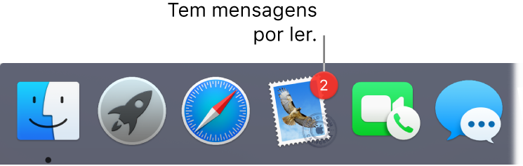 Uma secção da Dock a mostrar o ícone da aplicação Mail com um emblema, a indicar o número de mensagens não lidas.