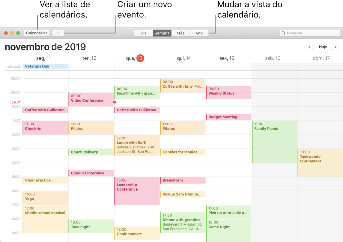 Uma janela do Calendário a mostrar como criar um evento, ver a lista de calendários, e escolher a vista diária, semanal, mensal ou anual.