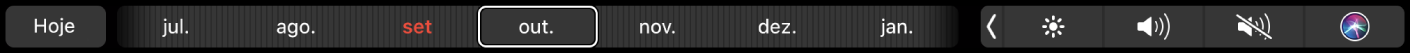 A Touch Bar da aplicação Calendário com o botão Hoje e um nivelador para selecionar o mês.