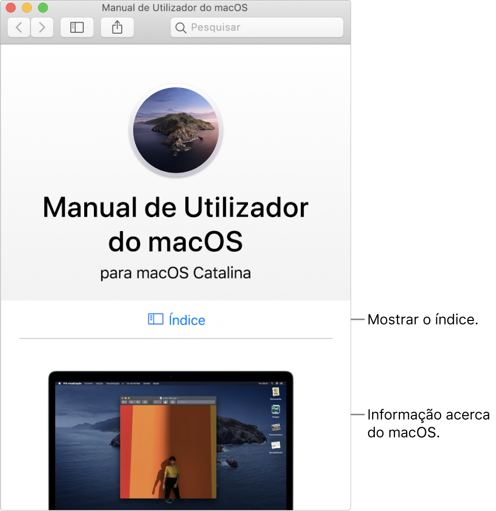 A página de introdução ao Manual do Utilizador do macOS a mostrar a hiperligação “Índice”.