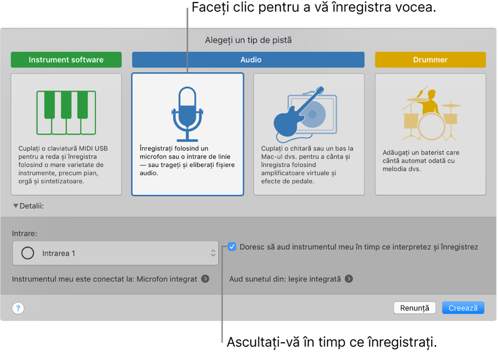 Panoul de instrumente GarageBand indicând unde să faceți clic pentru înregistrare vocală și cum să vă auziți atunci când înregistrați.