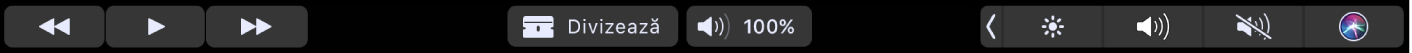 Touch Bar pentru iMovie atunci când este redat un clip. Există butoane pentru derulare înapoi, redare, derulare repede înainte, divizare și volum.