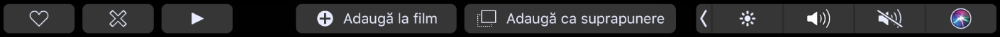 Touch Bar pentru iMovie, cu butoane pentru marcare ca preferată, ștergere, redare, adăugare în film și adăugare ca suprapunere.