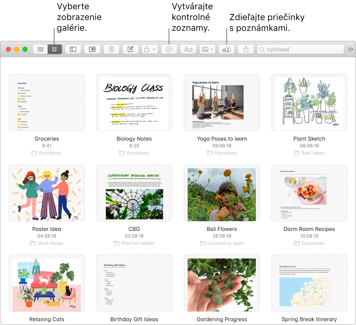 Okno aplikácie Poznámky s možnosťou výberu tlačidla galérie, tlačidla kontrolného zoznamu a tlačidla zdieľania priečinka.