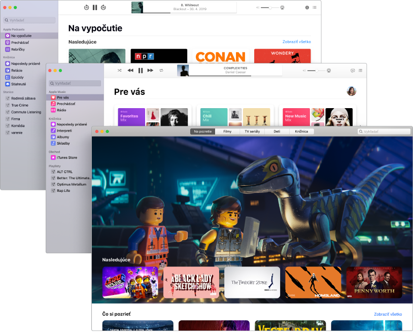 Prekrývajúce sa obrazovky mediálnych apiek – Podcasty, Hudba a Apple TV. V popredí je Apple TV s filmom Lego príbeh 2: druhá časť.