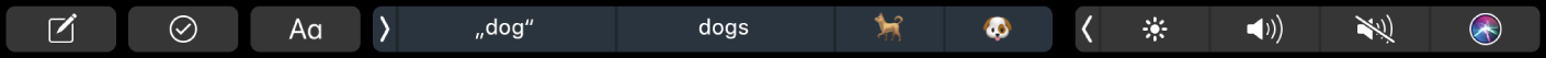Touch Bar s tlačidlami na zostavovanie textu a prediktívne zadávanie.