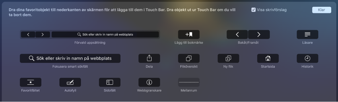 Alternativen för att anpassa Safari som kan dras till Touch Bar.