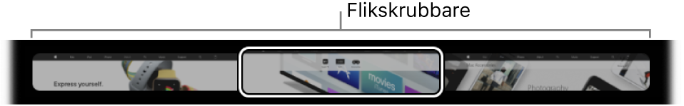 Flikskrubbaren på Safaris Touch Bar. En liten förhandsvisning av varje öppen flik visas på den.