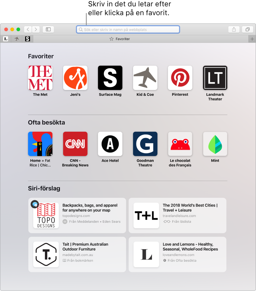 Ett Safari-fönster där vyn Favoriter visas och det smarta sökfönstret är markerat.