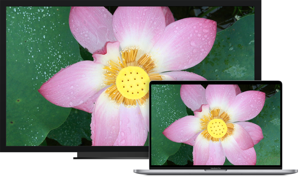 MacBook Pro อยู่ข้าง HDTV ที่ใช้เป็นจอภาพภายนอก