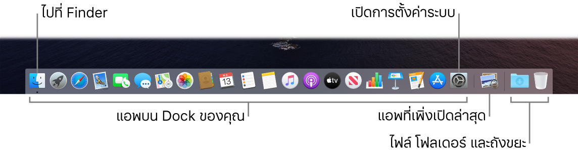 Dock ที่แสดง Finder, การตั้งค่าระบบ และเส้นใน Dock ที่แบ่งแอพออกจากไฟล์และโฟลเดอร์