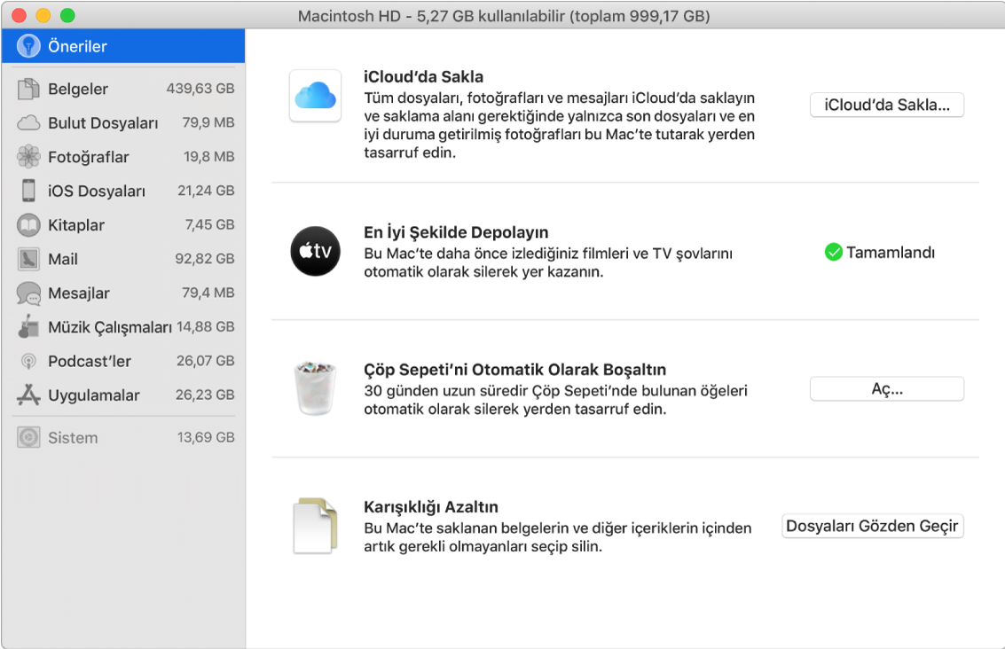 iCloud’da Depola, Depolamayı İyi Duruma Getir, Çöp Sepetini Otomatik Olarak Sil ve Karışıklığı Azalt seçeneklerini gösteren depolamaya yönelik Öneriler tercihleri.