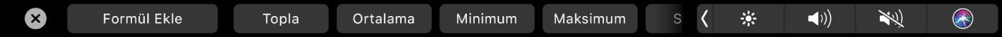 Formül düğmelerinin görüntülendiği Numbers Touch Bar’ı. Bunların arasında toplam, ortalama, minimum, maksimum ve sayım bulunur.