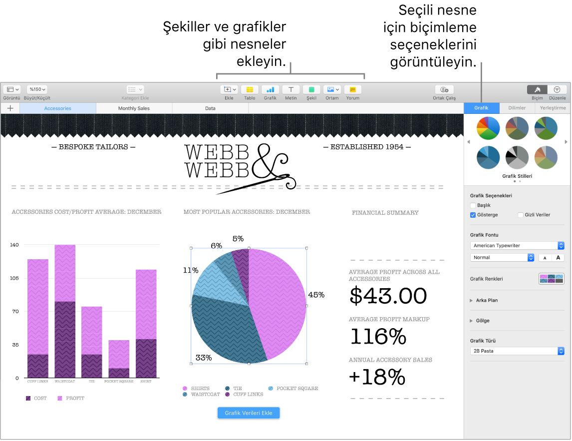 Eklenebilecek nesne kategorilerini ve nesnelerin biçimleme seçeneklerini belirtme çizgileriyle gösteren bir Numbers penceresi.