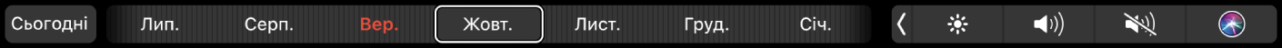 Панель Touch Bar для програми «Календар» із кнопкою «Сьогодні» та повзунком для вибору місяця.