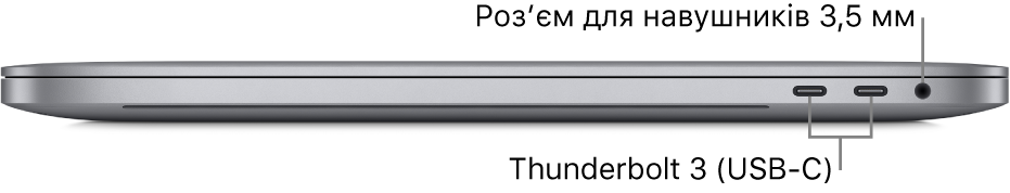 Права сторона MacBook Pro з виносками на два порти Thunderbolt 3 (USB-C) і гніздо для навушників 3,5 мм.