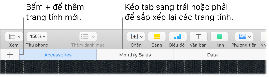 Cửa sổ Numbers đang minh họa cách thêm một trang tính mới và cách sắp xếp lại các trang tính.