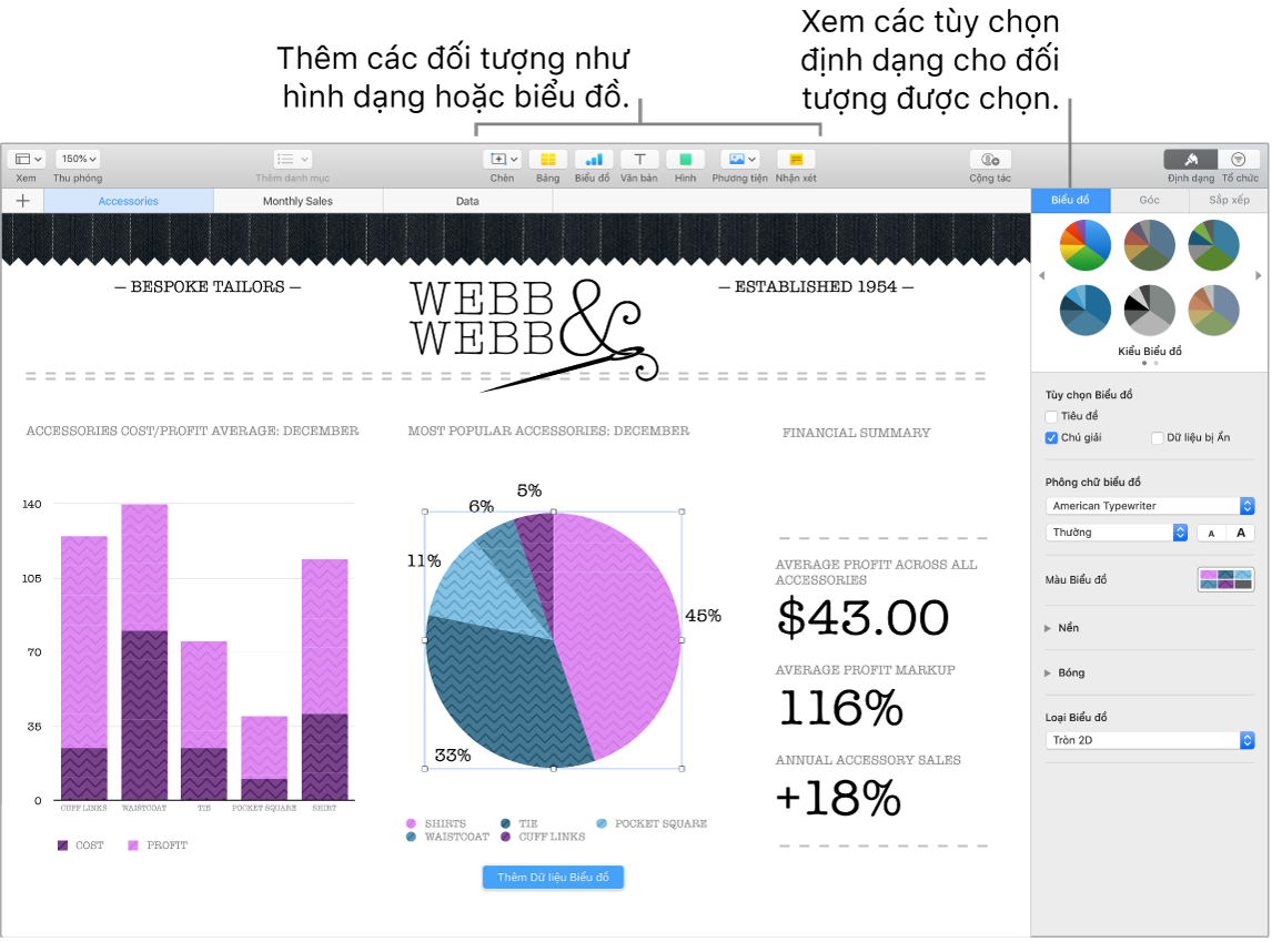 Một cửa sổ Numbers với các chỉ thị đến danh mục các đối tượng có thể thêm vào cũng như đến các tùy chọn định dạng cho các đối tượng.